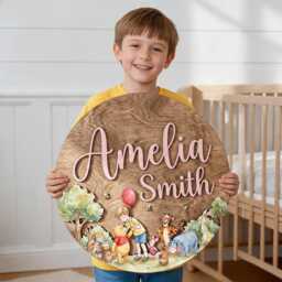 Personalized Winnie The Pooh Wooden Name Sign, Custom Nursery Wall Decor, Kids Room 3D Bedroom Decor - thumbnail 1