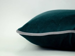 Green Teal Velvet Pillow Cover With Grey Piping - Heavyweight Cotton Cushion Case - thumbnail 1