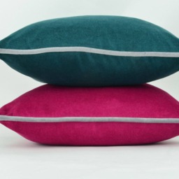 Green Teal Velvet Pillow Cover With Grey Piping - Heavyweight Cotton Cushion Case - thumbnail 4