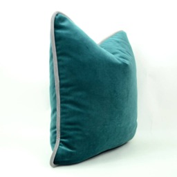 Green Teal Velvet Pillow Cover With Grey Piping - Heavyweight Cotton Cushion Case - thumbnail 3