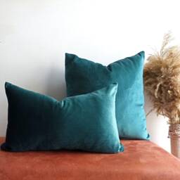 Teal Green Velvet Pillow Cover, Handmade Lumbar Cushion - thumbnail 3