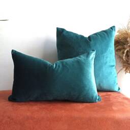 Teal Green Velvet Pillow Cover, Handmade Lumbar Cushion - thumbnail 2