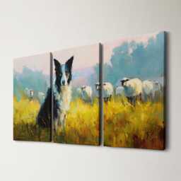 Border Collie Herding Sheep 3 Panel Split Canvas Wall Art Farm Dog At Golden Hour Country Landscape Oil Painting Framed Home Decor