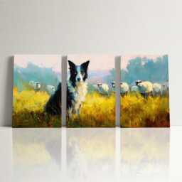 Border Collie Herding Sheep 3 Panel Split Canvas Wall Art Farm Dog At Golden Hour Country Landscape Oil Painting Framed Home Decor - thumbnail 3