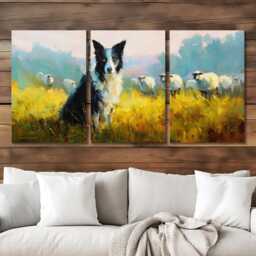 Border Collie Herding Sheep 3 Panel Split Canvas Wall Art Farm Dog At Golden Hour Country Landscape Oil Painting Framed Home Decor - thumbnail 2
