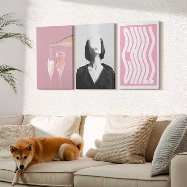 Canvas Set Of 3 Wall Art - Stylish Portrait A Woman in Champagne Relaxing, Pink Canvas, Food & Drinks Decor - image 1