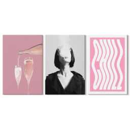 Canvas Set Of 3 Wall Art - Stylish Portrait A Woman in Champagne Relaxing, Pink Canvas, Food & Drinks Decor - thumbnail 2