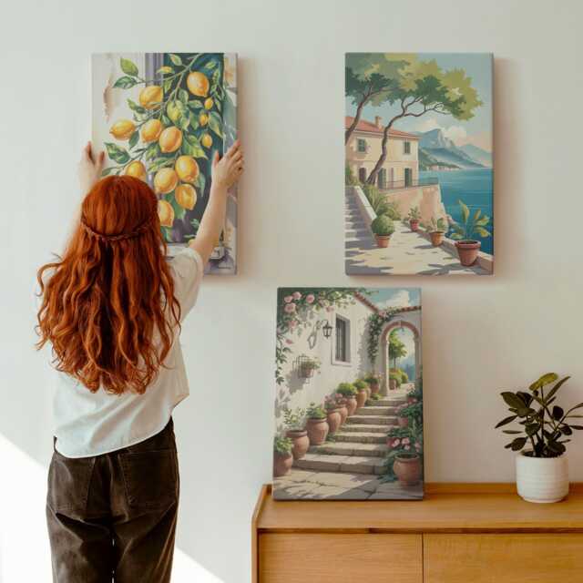 Canvas Art Set Of 3 - Lemons Against Flowers & Seaside Views, Yellow Wall Canvas, Plants Decor - image 1
