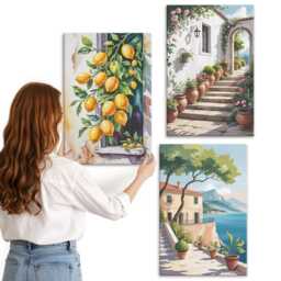 Canvas Art Set Of 3 - Lemons Against Flowers & Seaside Views, Yellow Wall Canvas, Plants Decor - thumbnail 3