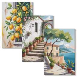 Canvas Art Set Of 3 - Lemons Against Flowers & Seaside Views, Yellow Wall Canvas, Plants Decor - thumbnail 2