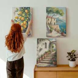 Canvas Art Set Of 3 - Lemons Against Flowers & Seaside Views, Yellow Wall Canvas, Plants Decor - thumbnail 1