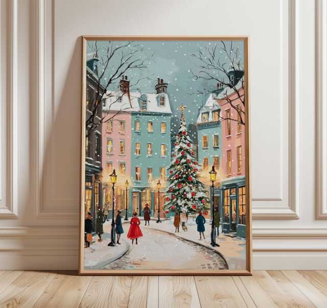 European Christmas Street Art Print, Winter City Scene Wall Art, Festive Holiday Illustration With Snow, Tree & Lamp Post Decor - image 1