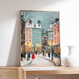 European Christmas Street Art Print, Winter City Scene Wall Art, Festive Holiday Illustration With Snow, Tree & Lamp Post Decor - thumbnail 2
