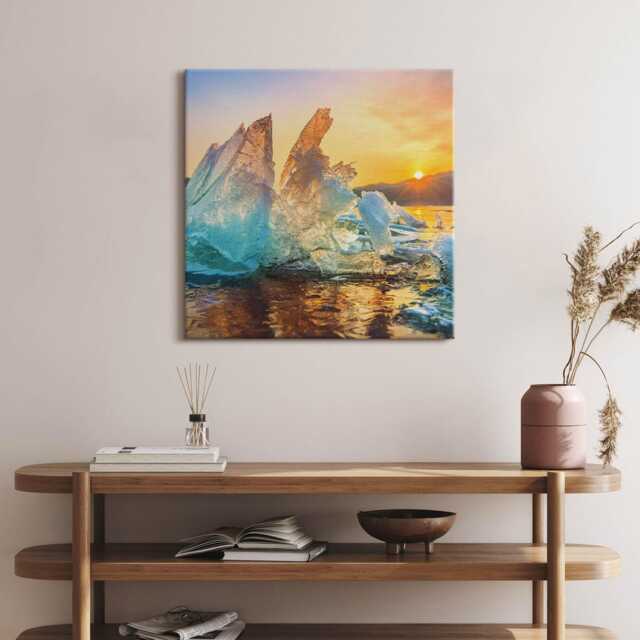 A Piece Of Ice At Sunrise Canvas, Wall Art Picture, Yellow Decoration, Travel Canvas - image 1