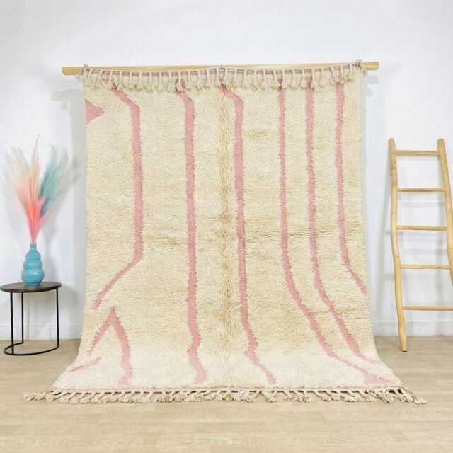 Pink Wavy Line Rug, Abstract Moroccan Wool Shag Rug For Nursery, Large Area Cream Berber Carpet, 8x10 Organic Shape - image 1