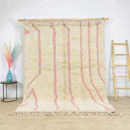 Pink Wavy Line Rug, Abstract Moroccan Wool Shag Rug For Nursery, Large Area Cream Berber Carpet, 8x10 Organic Shape
