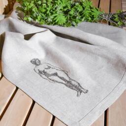 Embroidered Linen Bath Towel Natural Sauna Towel With Woman Art - thumbnail 3