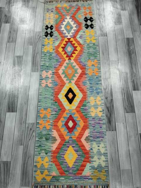 Runner Rug Classic, Handmade Artisan Afghan Turkish, Scandinavian, Navajo, Bohemian, Wool Flatweave Multicolour Kilim 205x64 cm - image 1