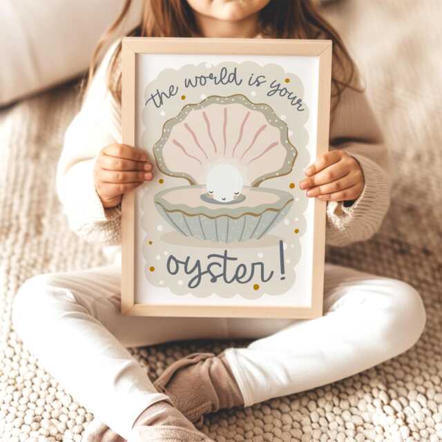 The World Is Your Oyster Print in Beige, Unframed Under The Sea Print, Girl Nursery Decor, Quote Ocean - image 1