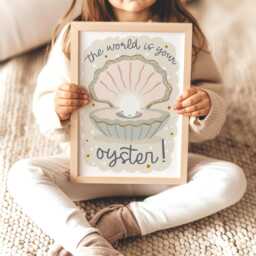 The World Is Your Oyster Print in Beige, Unframed Under The Sea Print, Girl Nursery Decor, Quote Ocean - thumbnail 1