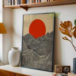 Sun & Waves Wall Art Print, Modern Minimalist Landscape Poster, Abstract Japanese Line Art, Bold Synthwave Home Decor, Mid Century - thumbnail 2