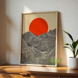 Sun & Waves Wall Art Print, Modern Minimalist Landscape Poster, Abstract Japanese Line Art, Bold Synthwave Home Decor, Mid Century - thumbnail 3
