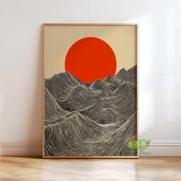 Sun & Waves Wall Art Print, Modern Minimalist Landscape Poster, Abstract Japanese Line Art, Bold Synthwave Home Decor, Mid Century - thumbnail 1