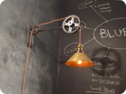 Vintage Industrial Pulley Light - Brass Cone Shade Lamp Wall Mount Steampunk Sconce Lighting