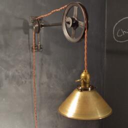 Vintage Industrial Pulley Light - Brass Cone Shade Lamp Wall Mount Steampunk Sconce Lighting - thumbnail 2