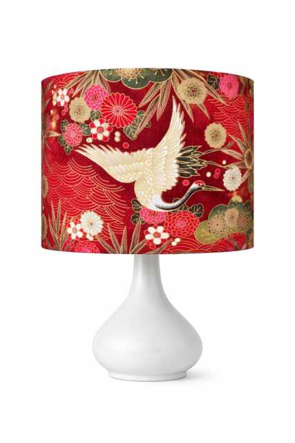 Japanese Crane Lampshade Red Floral Fabric With Gold Metallic Accents - image 1