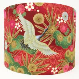 Japanese Crane Lampshade Red Floral Fabric With Gold Metallic Accents - thumbnail 2