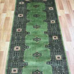 2.6x7 Green Color Bokhara Rug - 0.80x210 cm Hallway Stairs Bukhara Runner Woolen Afghan Silver - thumbnail 3