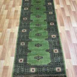 2.6x7 Green Color Bokhara Rug - 0.80x210 cm Hallway Stairs Bukhara Runner Woolen Afghan Silver - thumbnail 2
