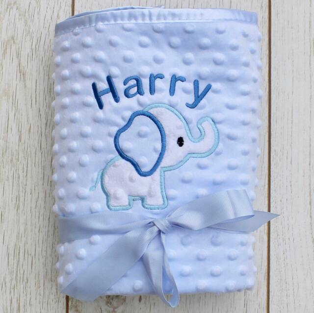 Personalised Blue Boy Baby Blanket UK Embroidered Elephant Appliqu??, Soft Fleece - image 1