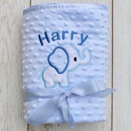 Personalised Blue Boy Baby Blanket UK Embroidered Elephant Appliqu??, Soft Fleece - thumbnail 1