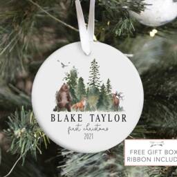 Woodland Baby First Christmas Ornament, Personalized Forest Boy Holiday Stocking Stuffer - thumbnail 2