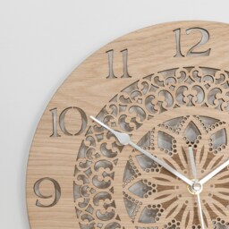 Handmade Wooden Silent Mandala Wall Clock Up To 90cm in Oak, Cherry Or Walnut - Silver Gold Hands - thumbnail 4