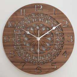 Handmade Wooden Silent Mandala Wall Clock Up To 90cm in Oak, Cherry Or Walnut - Silver Gold Hands - thumbnail 3