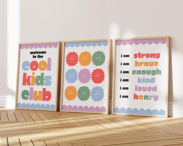 Childrens Affirmation Wall Art - Kids Bedroom Poster Set Of 3 Positive Quotes Playroom Nursery Print Fun Smile Face Cool Club - image 1