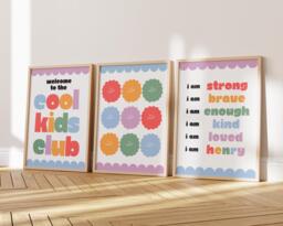Childrens Affirmation Wall Art - Kids Bedroom Poster Set Of 3 Positive Quotes Playroom Nursery Print Fun Smile Face Cool Club - thumbnail 1