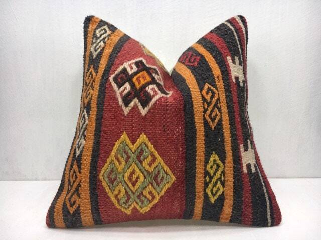 Vintage Handwoven Kilim Pillow, Bohemian Turkish Throw, 16x16 - image 1