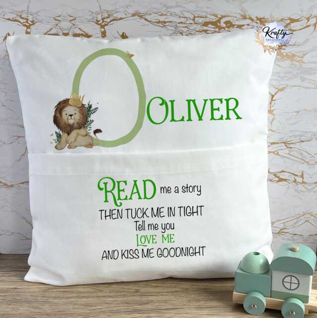Personalised Book Cushion, Childrens Stories, Pocket Tuck Me In, Safari Safari, Lion, Elephant - image 1