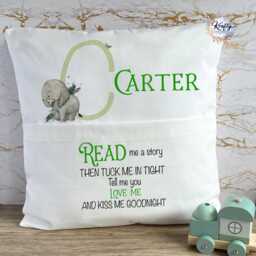 Personalised Book Cushion, Childrens Stories, Pocket Tuck Me In, Safari Safari, Lion, Elephant - thumbnail 3