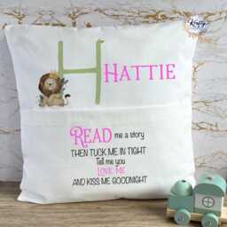 Personalised Book Cushion, Childrens Stories, Pocket Tuck Me In, Safari Safari, Lion, Elephant - thumbnail 2
