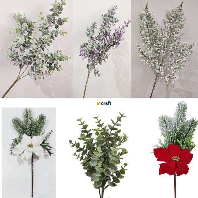 Artificial Frosted Snowy Eucalyptus Leaf Spray Plants Fake Leaves Poinsettia Pick For Christmas , Wreath Craft Wedding Home D??cor Party - image 1
