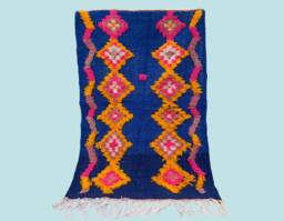 "Handmade Blue Berber Wool Rug Moroccan Azilal Kilim - 3'2"" X 4'9" - thumbnail 1