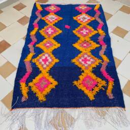 "Handmade Blue Berber Wool Rug Moroccan Azilal Kilim - 3'2"" X 4'9" - thumbnail 2