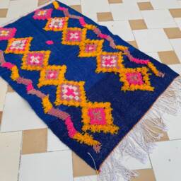 "Handmade Blue Berber Wool Rug Moroccan Azilal Kilim - 3'2"" X 4'9" - thumbnail 3