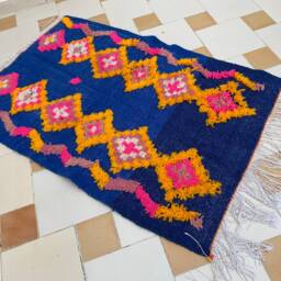 "Handmade Blue Berber Wool Rug Moroccan Azilal Kilim - 3'2"" X 4'9" - thumbnail 4
