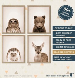 Woodland Animals Nursery Prints Baby Owl, Bear, Deer, Hedgehog - Set Of 4 - thumbnail 1